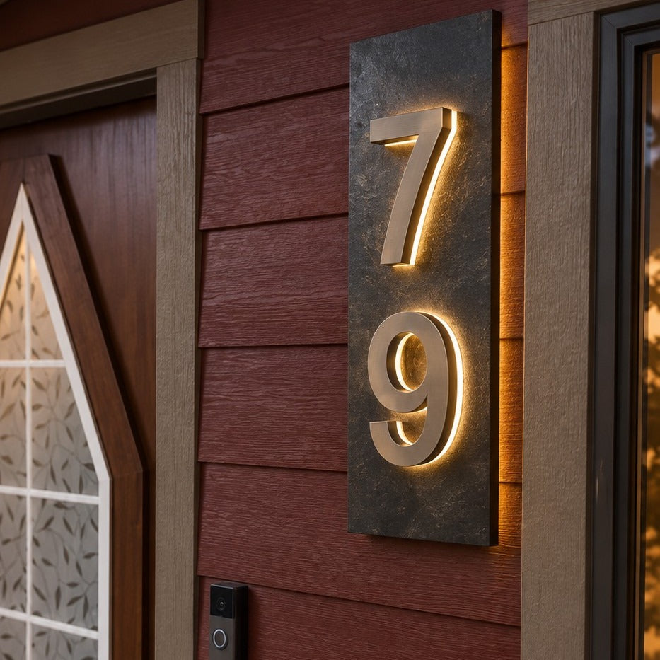 JELSCO backlit house numbers 79 lit on a slate plaque beside a front door