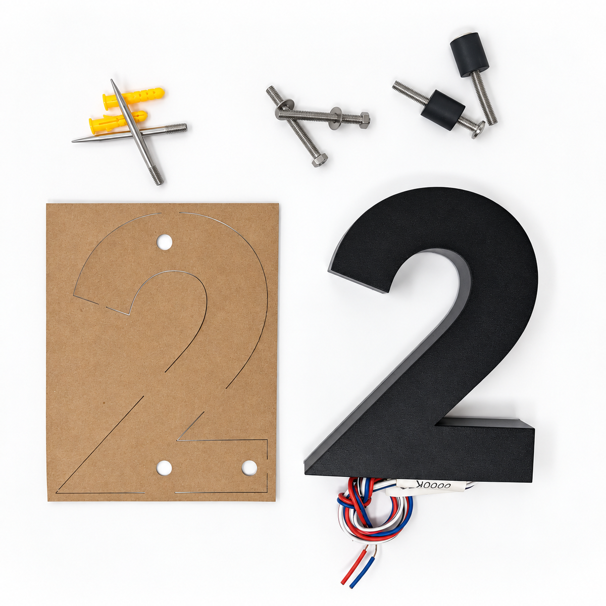 JELSCO 6 inch black backlit house number, digit 2, with its template card and all three mounting options: pointed dowels with wall anchors, hex bolts with washers and nuts, and screws with rubber stoppers