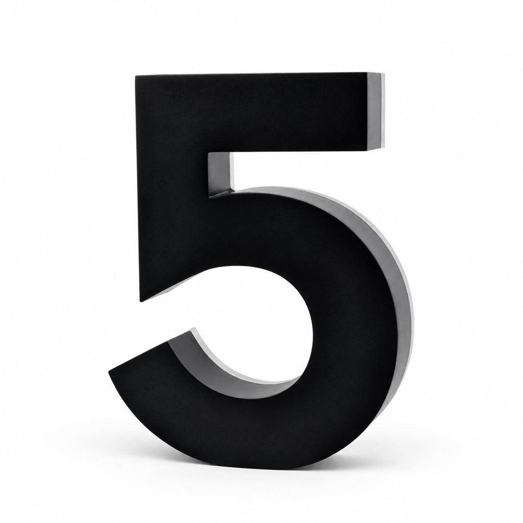 JELSCO 6 inch matte black backlit LED house number 5, 304 stainless, front