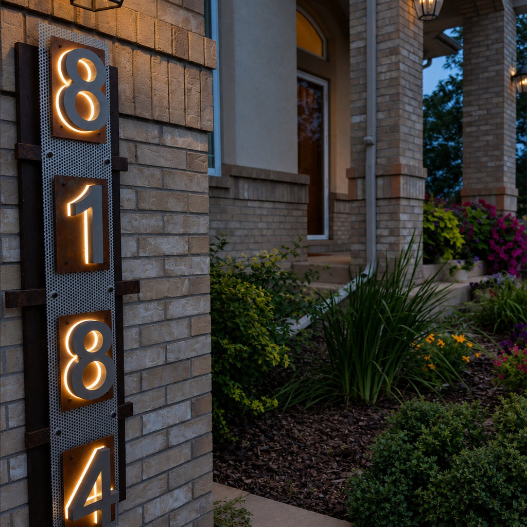 Stainless backlit LED house numbers 8184 lit at dusk on a brick wall