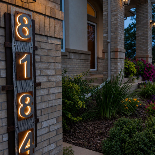 Stainless backlit LED house numbers 8184 lit at dusk on a brick wall